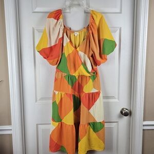 Oddy Baby Doll Dress Fall Colors Orange Green Yellow 1XL Unlined Stretch Pockets